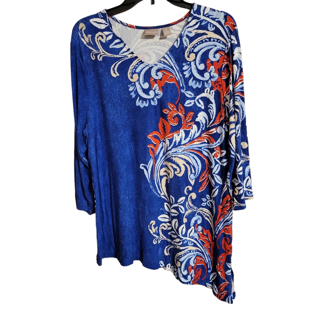 Chico's Floral Assymetrical Tunic Top Red White Blue